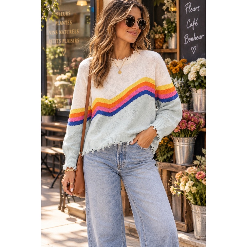 Miss Sparkling Retro Chevron Distressed Knit Sweater Boho Indie Grunge Y2K Sz L